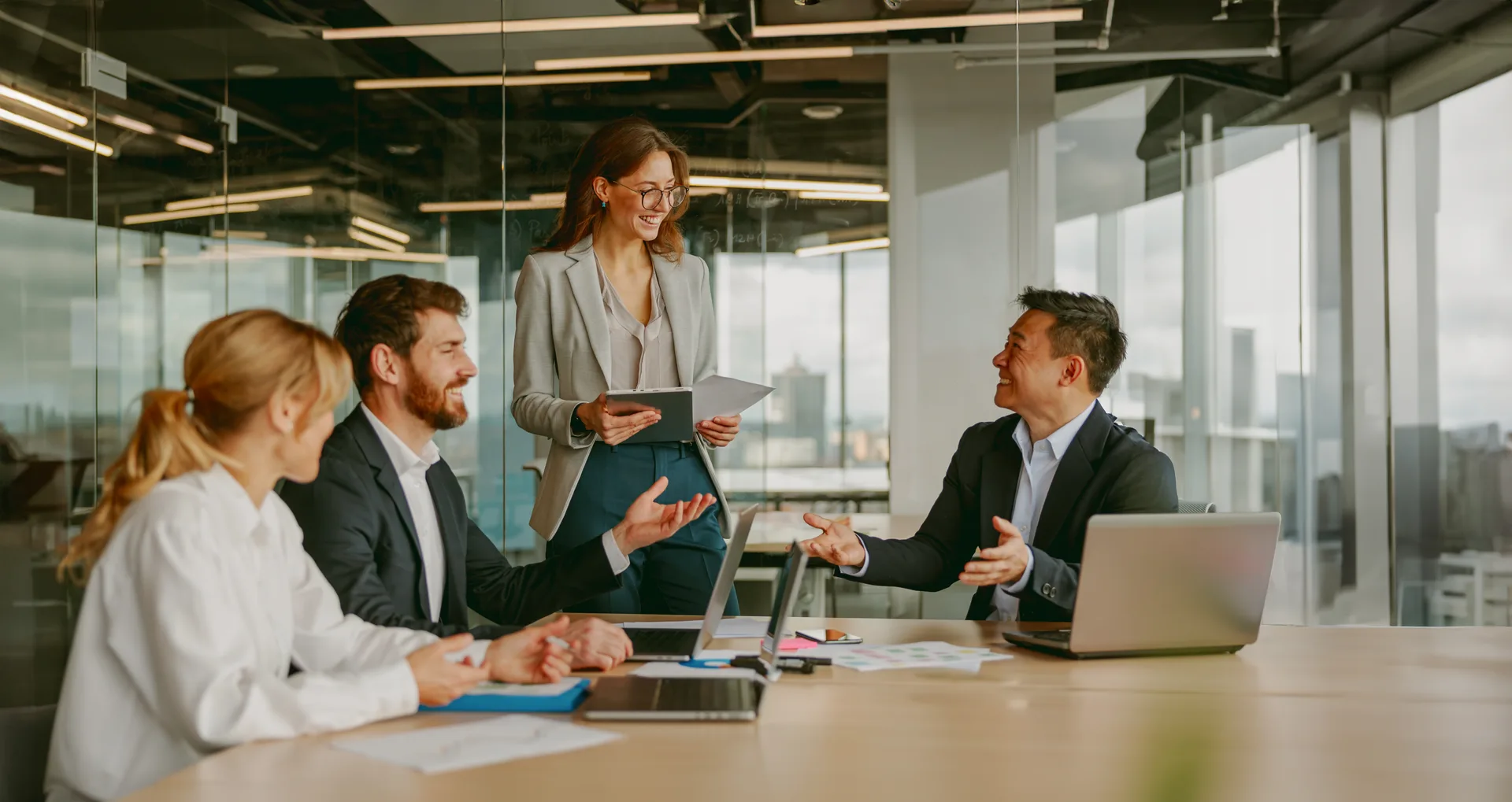 Business professionals collaborating in a modern office