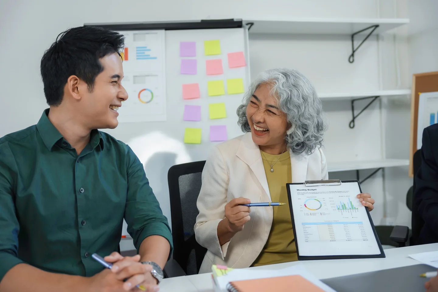 Colleagues reviewing a profitability report in a meeting
