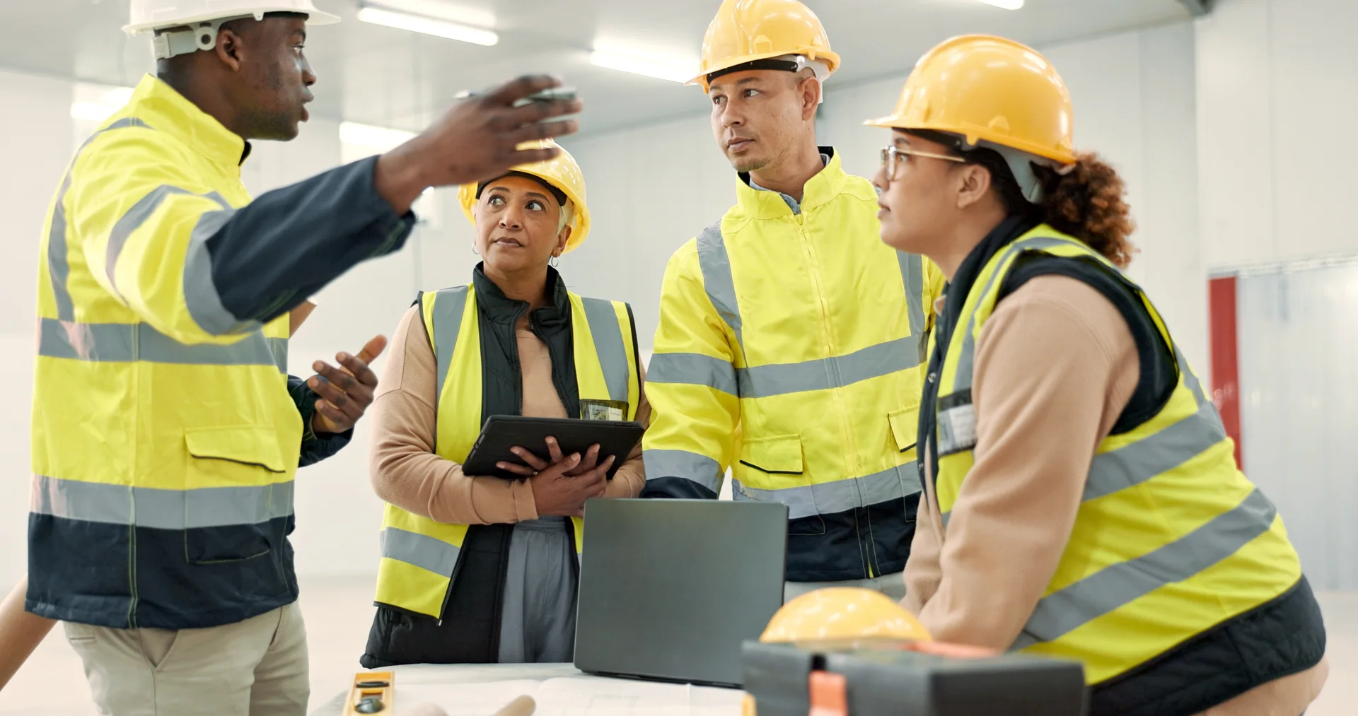Operations leaders discussing work on a manufacturing floor