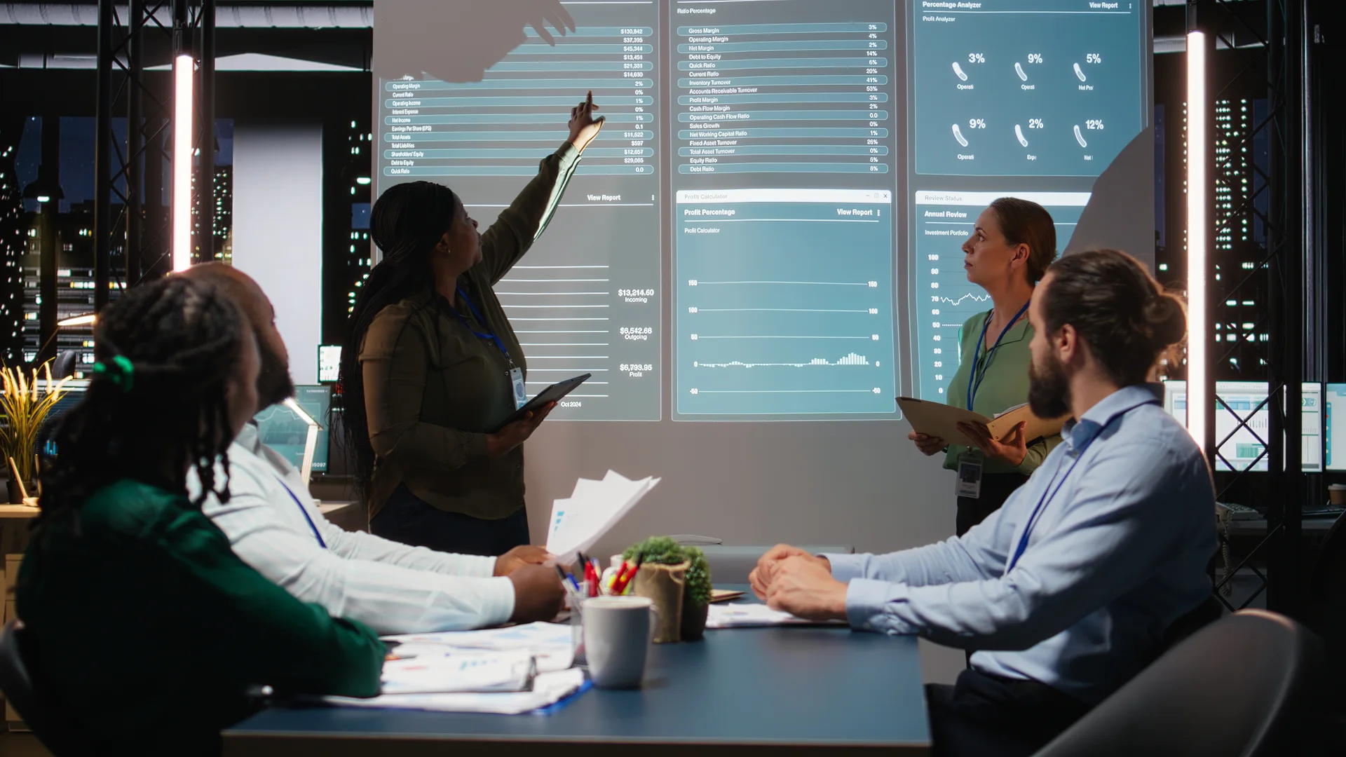 Business team reviewing operational measures on large screens