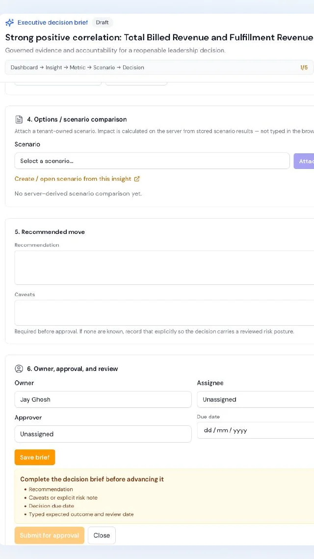 Decision brief showing scenario comparison, recommendations, owner assignment and approval checklist