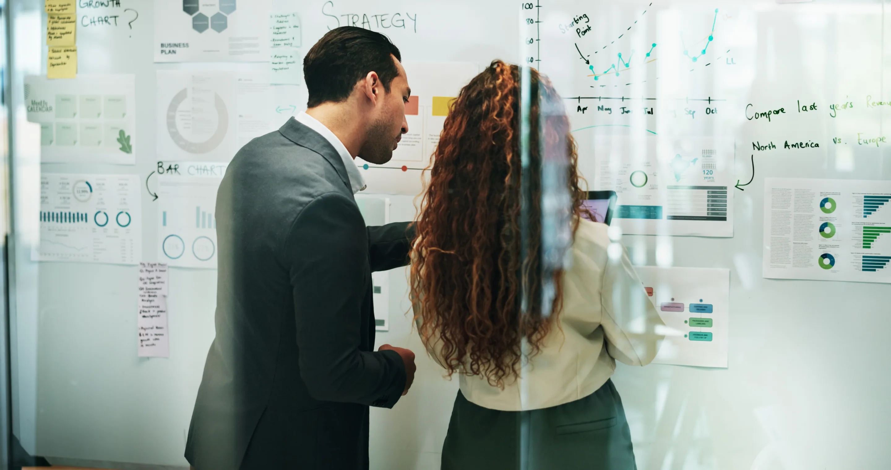 Business leaders reviewing strategy charts on a glass wall