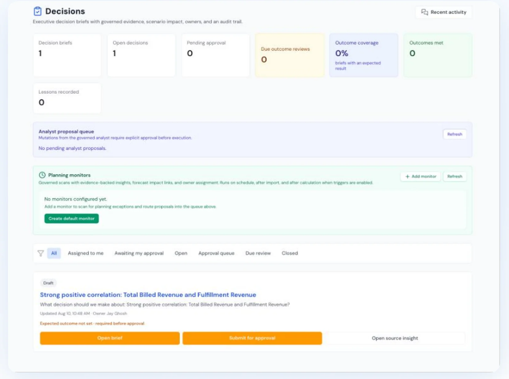 Decisions dashboard showing governed decision briefs, proposal queue, planning monitors and outcome tracking