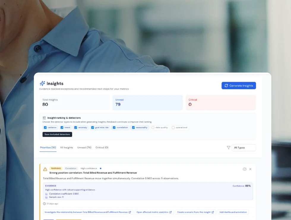 Predien insights panel showing correlation detection and evidence