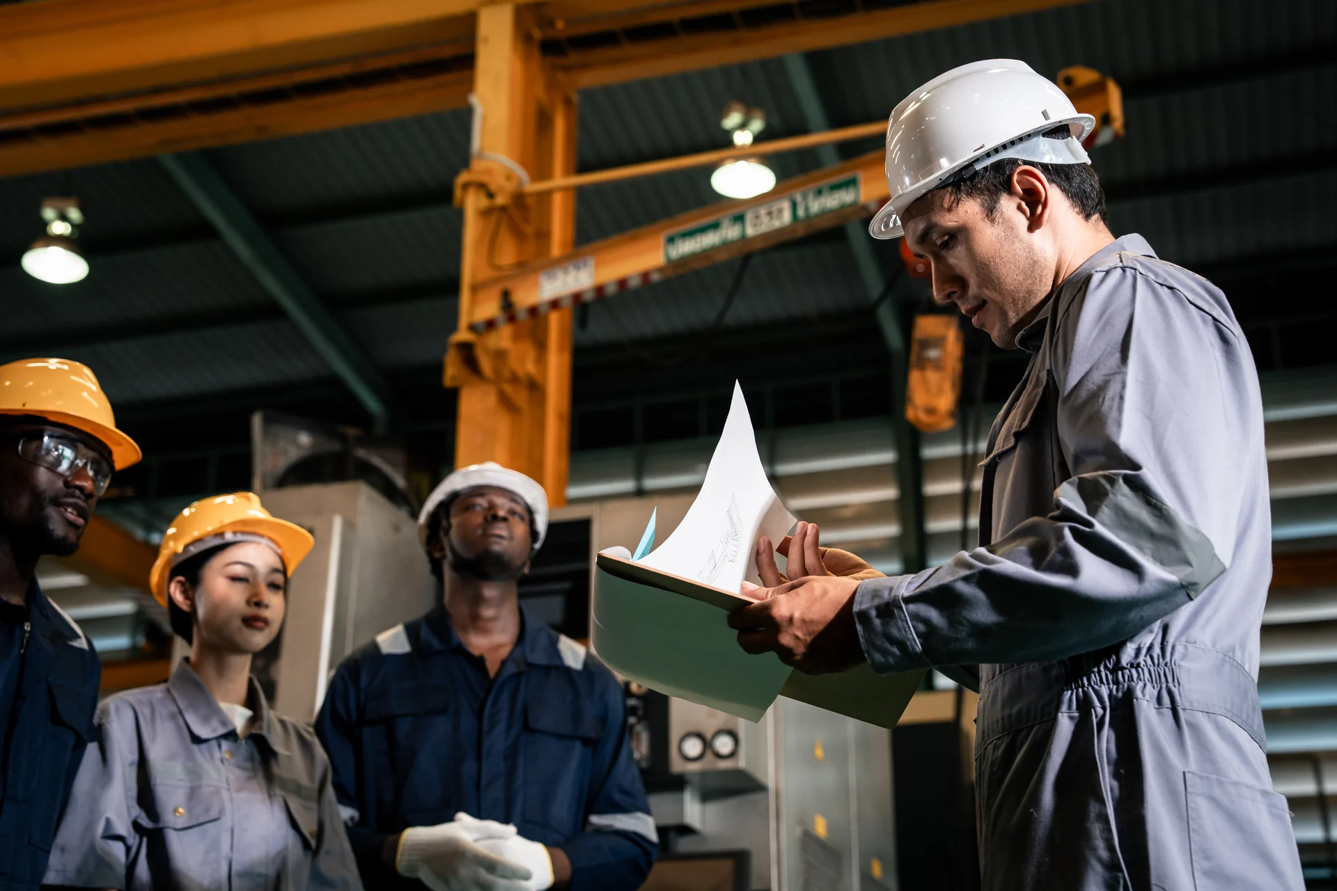 Manufacturing team reviewing production plans inside a plant