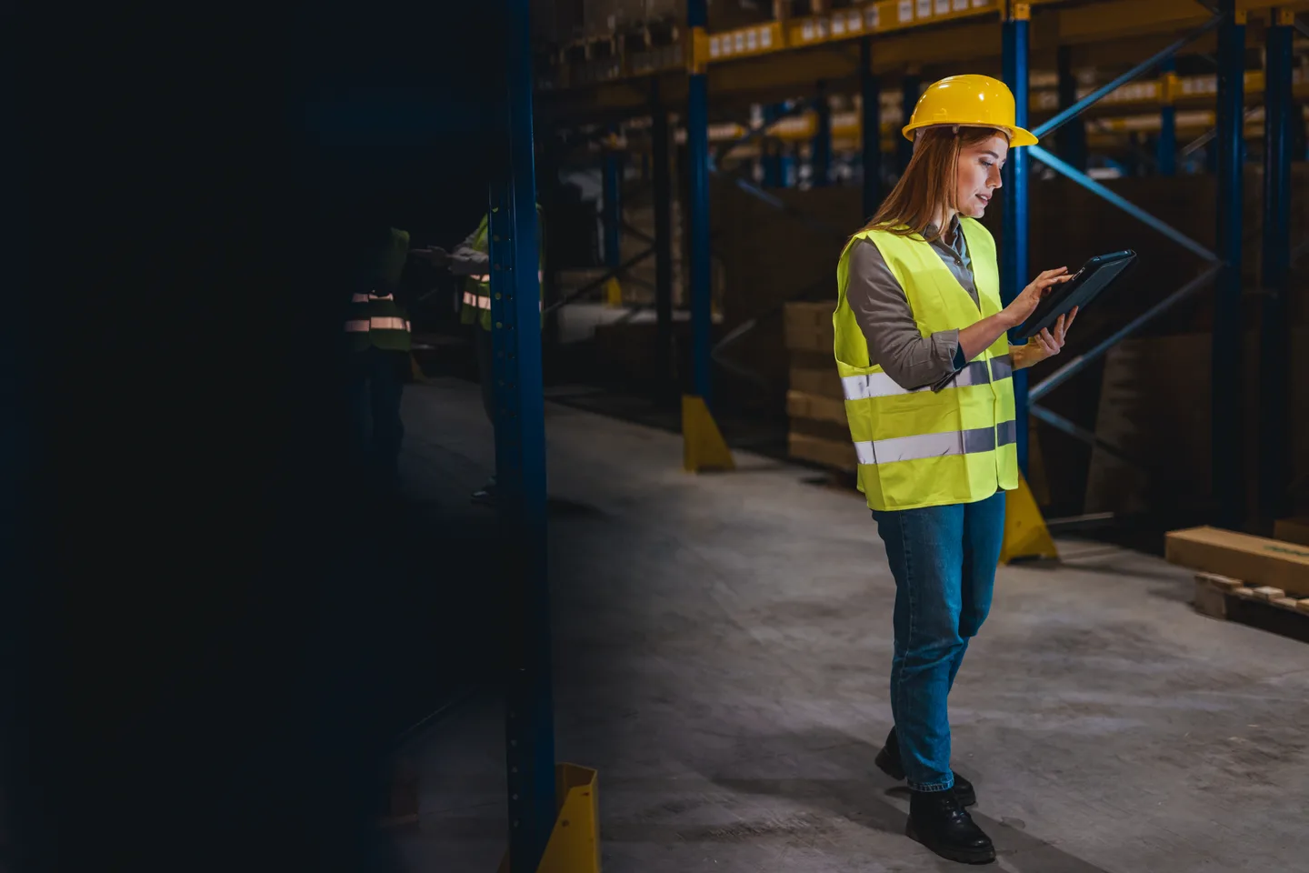 Warehouse worker reviewing data on a tablet