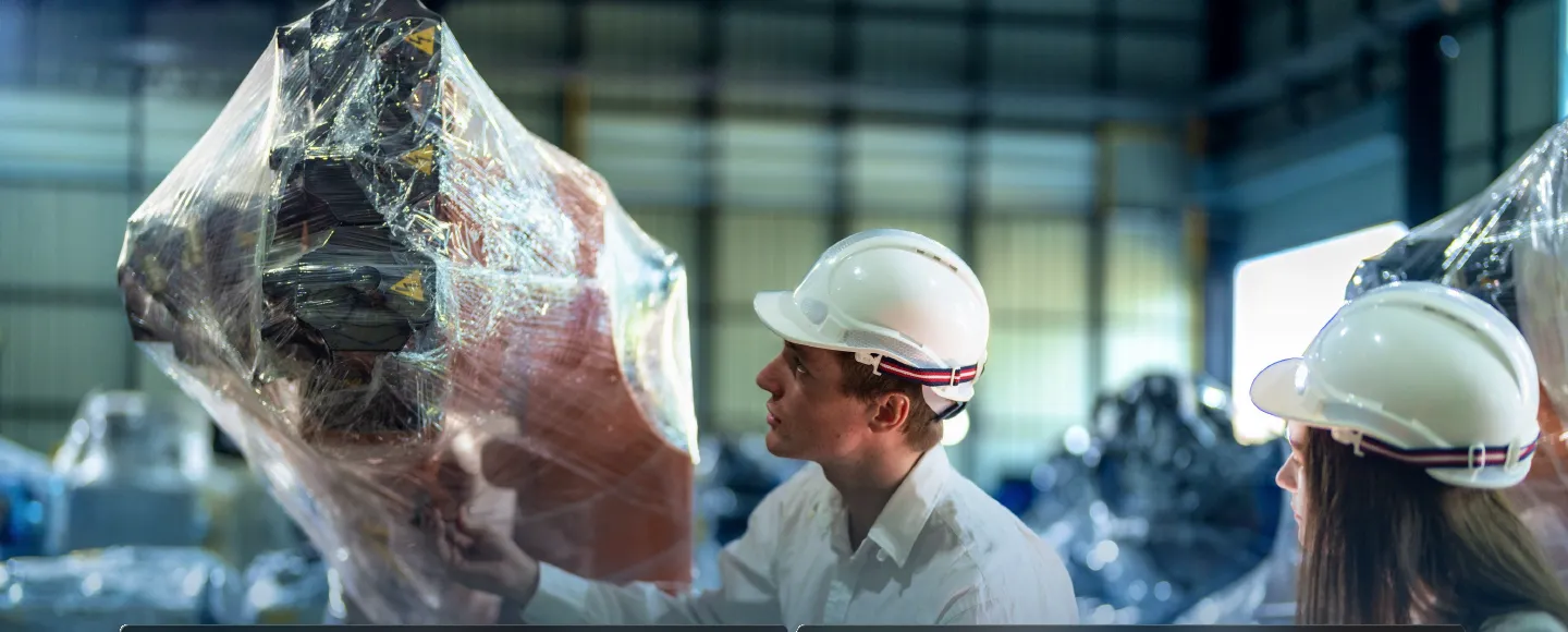 Warehouse workers inspecting equipment