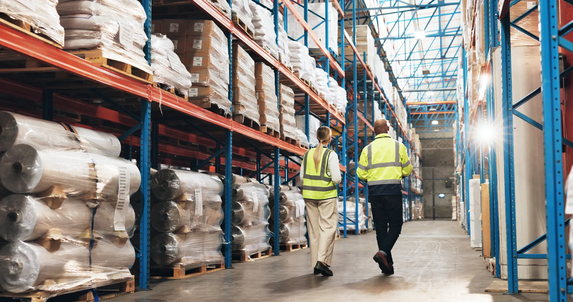 Warehouse leaders walking through operations facility