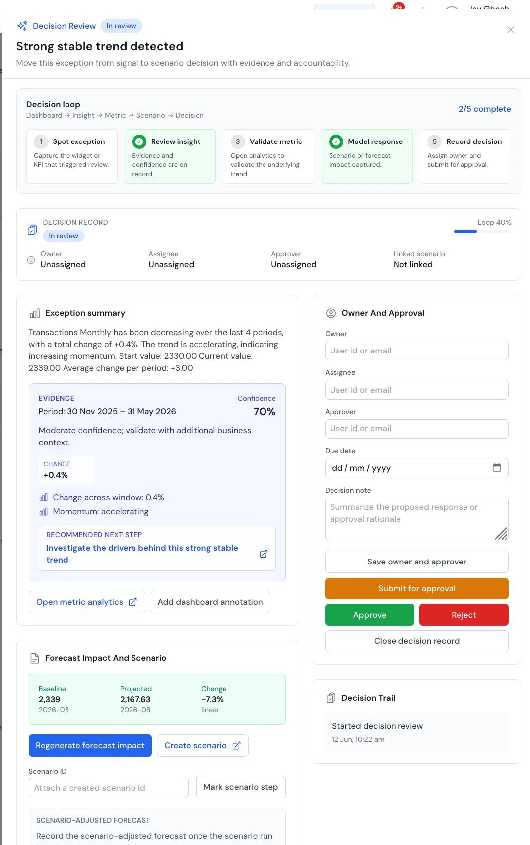 Warehouse decision review shown in Predien